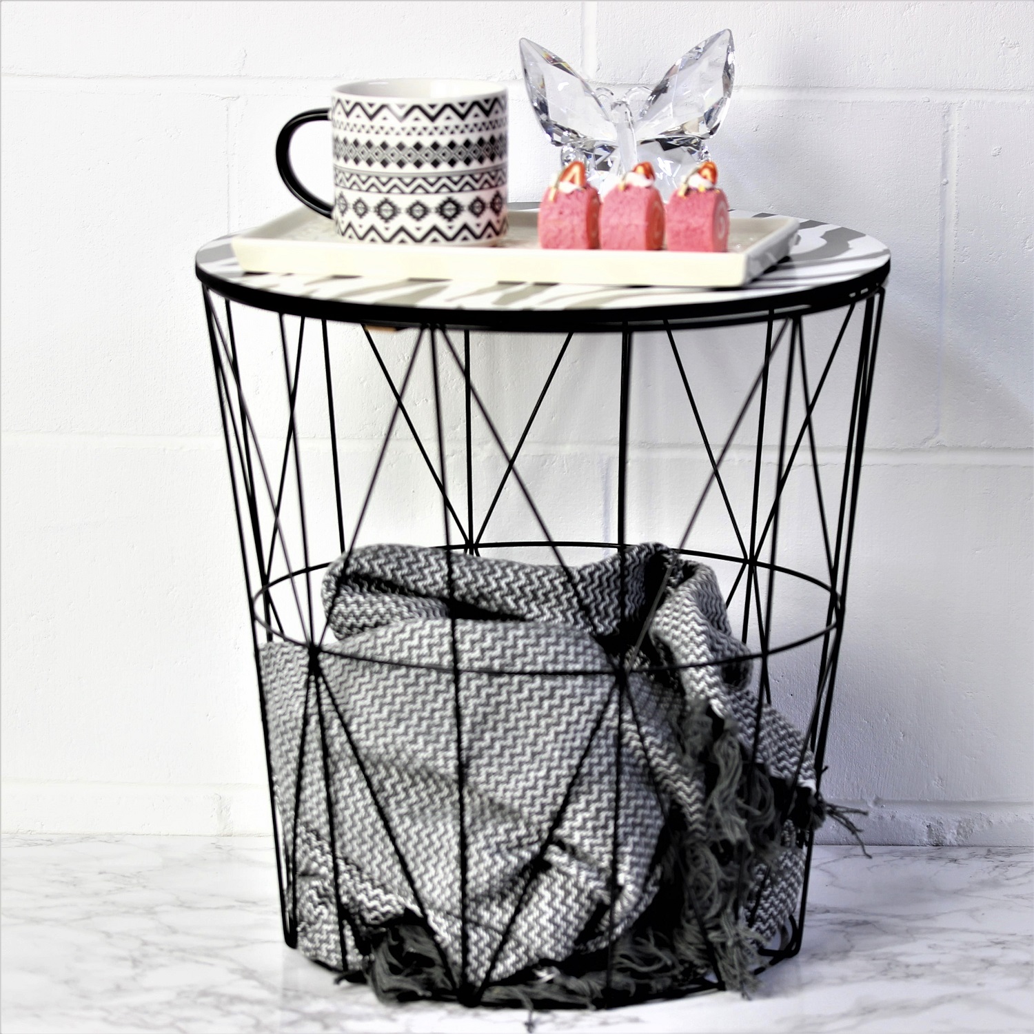 Black Metal Wire Round Side Table Marble Wood Top Storage Basket Home